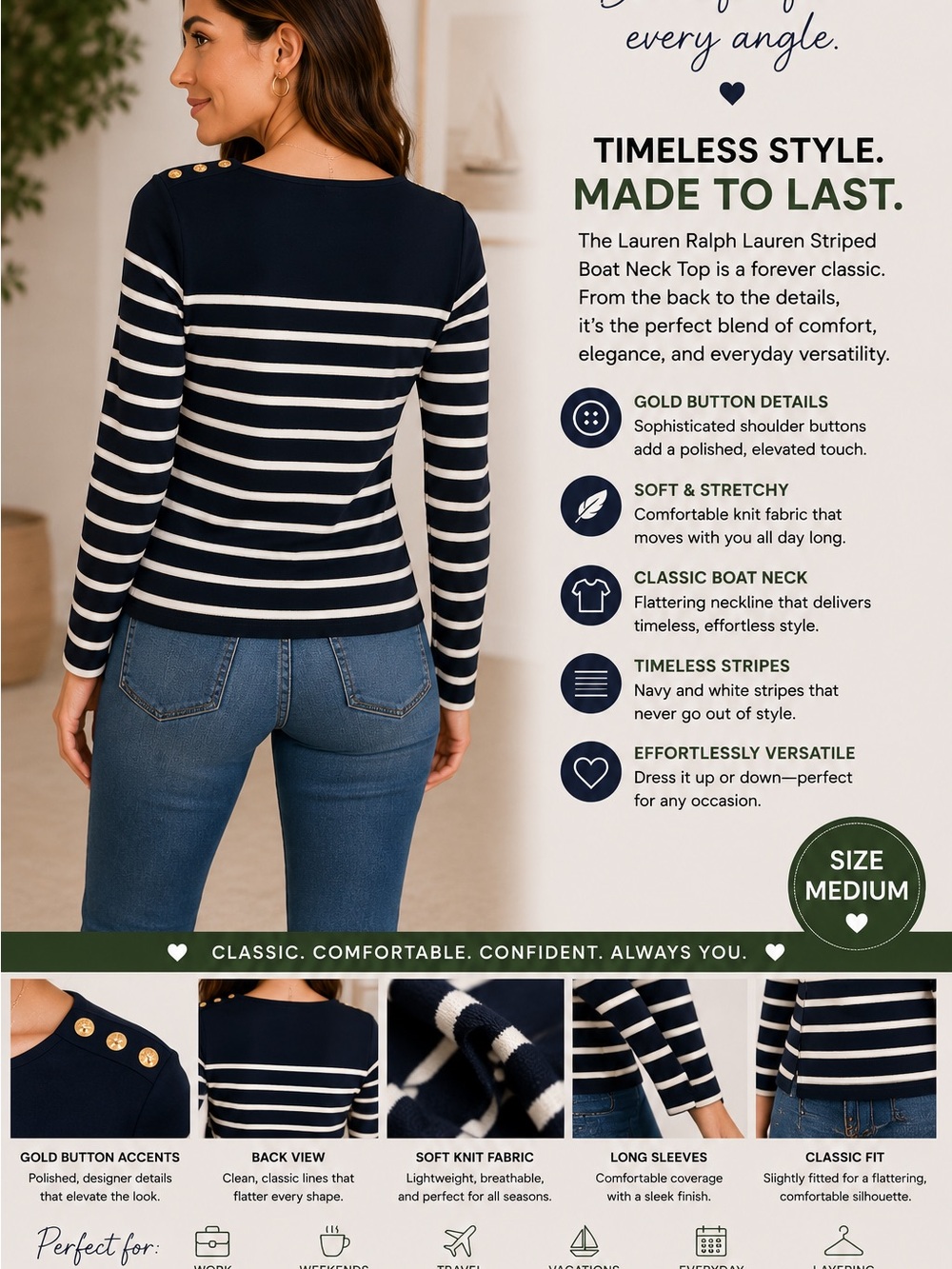 Lauren Ralph Lauren Navy & White Striped Boat Neck Top with Gold Buttons - Picture 2 of 2